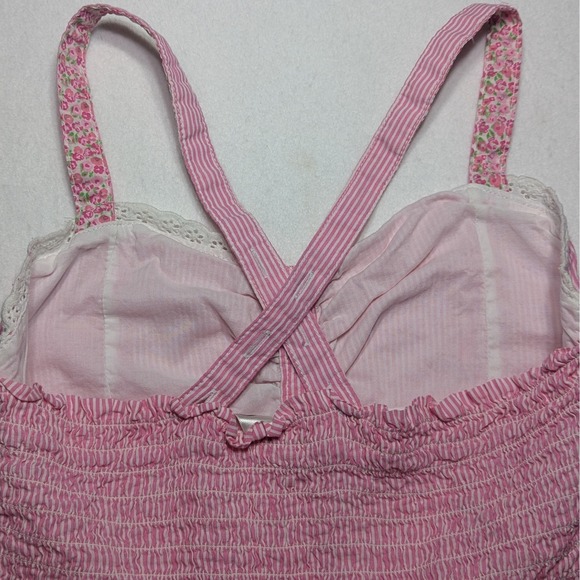 Cherokee Pink Stripe Cotton Sundress Lace Trim Button Front Size L - Picture 8 of 8